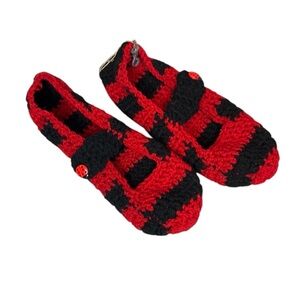 Handmade red and black striped knitted slippers w/ ladybug details.  NWT.